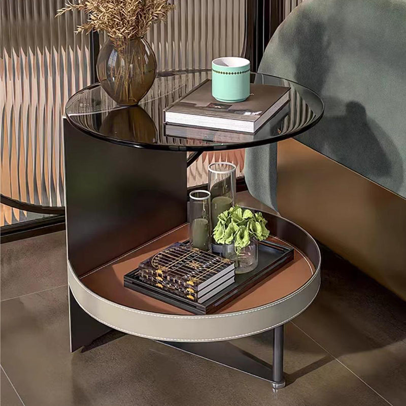 Round Tempered Glass Faux Saddle Leather End Table - Luxury Elegant Side Table For Living Room Lumendat