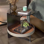 Round Tempered Glass Faux Saddle Leather End Table - Luxury Elegant Side Table For Living Room Lumendat