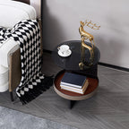 Round Tempered Glass Faux Saddle Leather End Table - Luxury Elegant Side Table For Living Room Lumendat