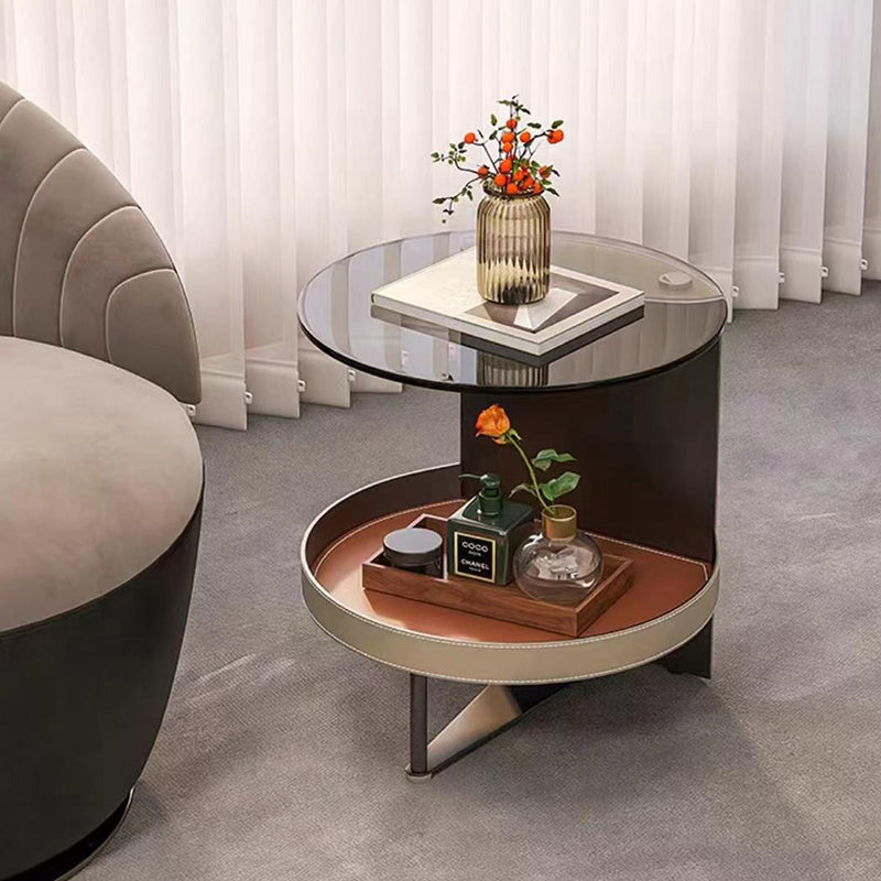 Round Tempered Glass Faux Saddle Leather End Table - Luxury Elegant Side Table For Living Room Lumendat