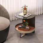 Round Tempered Glass Faux Saddle Leather End Table - Luxury Elegant Side Table For Living Room Lumendat