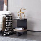 Round Tempered Glass Faux Saddle Leather End Table - Luxury Elegant Side Table For Living Room Lumendat