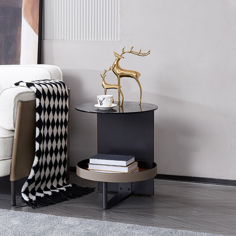 Round Tempered Glass Faux Saddle Leather End Table - Luxury Elegant Side Table For Living Room Lumendat