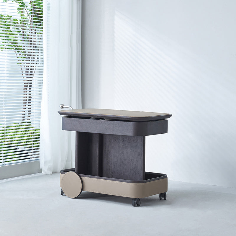 Rolling Adjustable Swivel Table Top Faux Saddle Leather Side Table - Creative Multi-Tier Storage Trolley For Living Room Lumendat