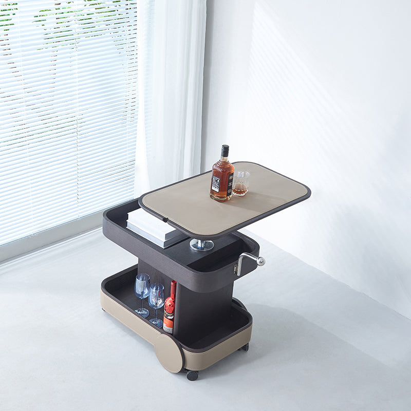 Rolling Adjustable Swivel Table Top Faux Saddle Leather Side Table - Creative Multi-Tier Storage Trolley For Living Room Lumendat