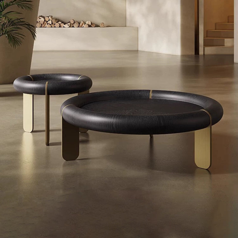 Round Black Oak Coffee Table With Brushed Brass Stainless Steel Legs - Vintage Low Accent Table For Living Room Lumendat