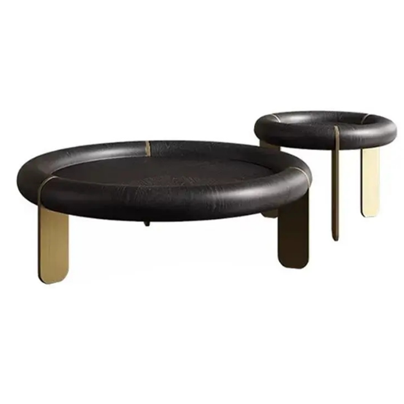 Round Black Oak Coffee Table With Brushed Brass Stainless Steel Legs - Vintage Low Accent Table For Living Room Lumendat