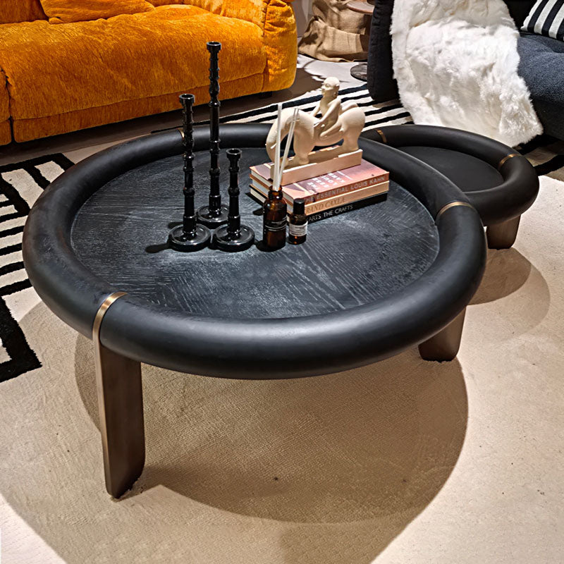 Round Black Oak Coffee Table With Brushed Brass Stainless Steel Legs - Vintage Low Accent Table For Living Room Lumendat