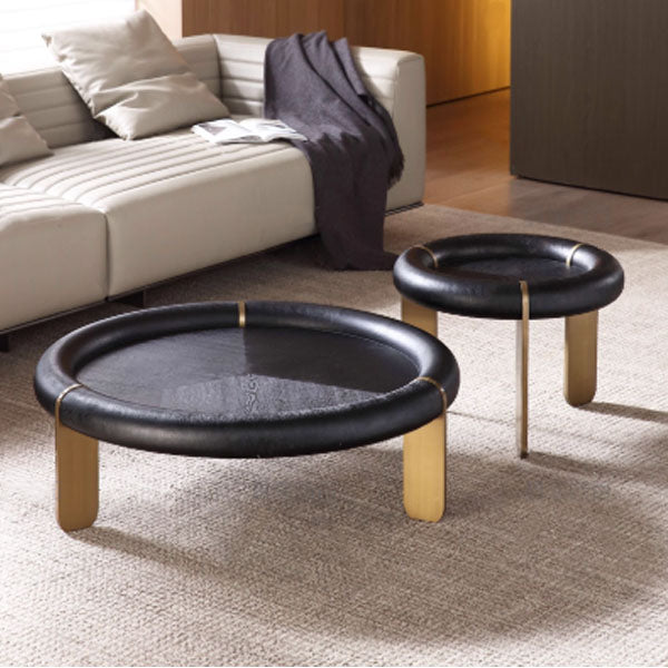 Round Black Oak Coffee Table With Brushed Brass Stainless Steel Legs - Vintage Low Accent Table For Living Room Lumendat
