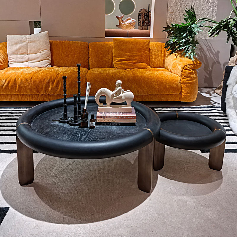 Round Black Oak Coffee Table With Brushed Brass Stainless Steel Legs - Vintage Low Accent Table For Living Room Lumendat