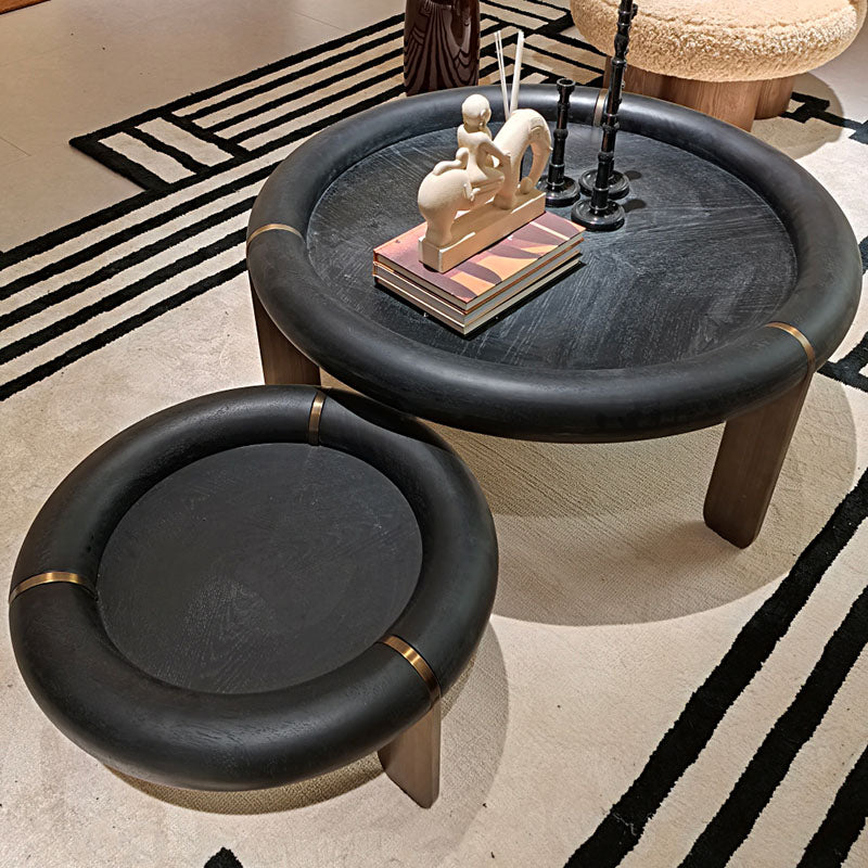 Round Black Oak Coffee Table With Brushed Brass Stainless Steel Legs - Vintage Low Accent Table For Living Room Lumendat