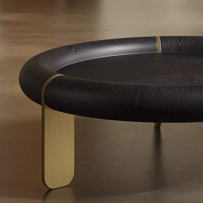 Round Black Oak Coffee Table With Brushed Brass Stainless Steel Legs - Vintage Low Accent Table For Living Room Lumendat