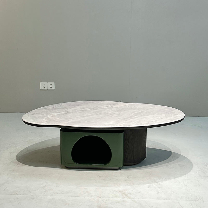 Oval Shape Sintered Stone Solid Wood Coffee Table - Scandinavian Unique Hollow Base End Table For Living Room Lumendat