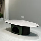 Oval Shape Sintered Stone Solid Wood Coffee Table - Scandinavian Unique Hollow Base End Table For Living Room Lumendat