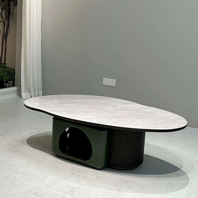 Oval Shape Sintered Stone Solid Wood Coffee Table - Scandinavian Unique Hollow Base End Table For Living Room Lumendat