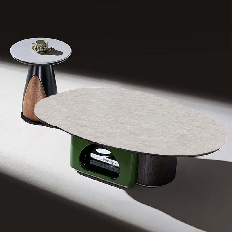Oval Shape Sintered Stone Solid Wood Coffee Table - Scandinavian Unique Hollow Base End Table For Living Room Lumendat