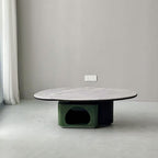 Oval Shape Sintered Stone Solid Wood Coffee Table - Scandinavian Unique Hollow Base End Table For Living Room Lumendat