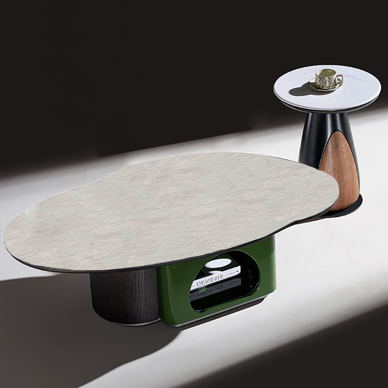 Oval Shape Sintered Stone Solid Wood Coffee Table - Scandinavian Unique Hollow Base End Table For Living Room Lumendat