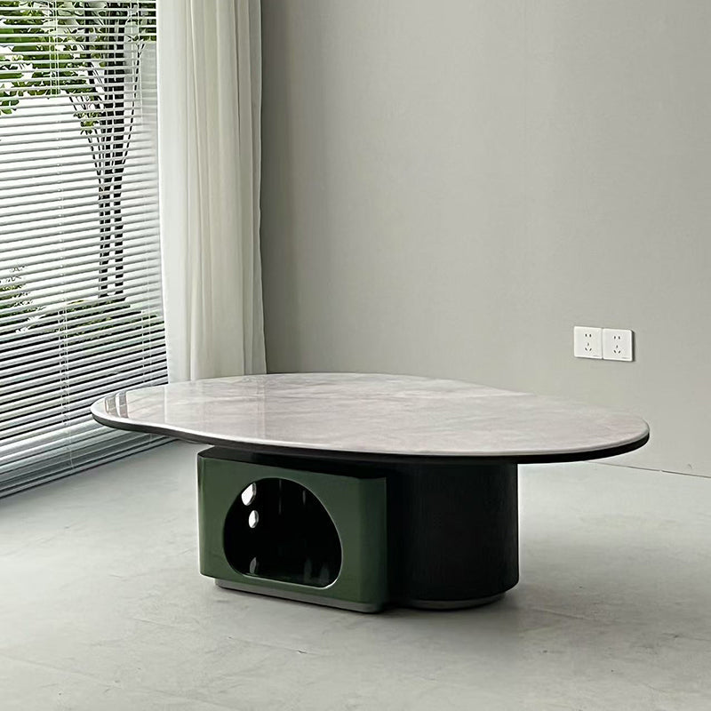 Oval Shape Sintered Stone Solid Wood Coffee Table - Scandinavian Unique Hollow Base End Table For Living Room Lumendat