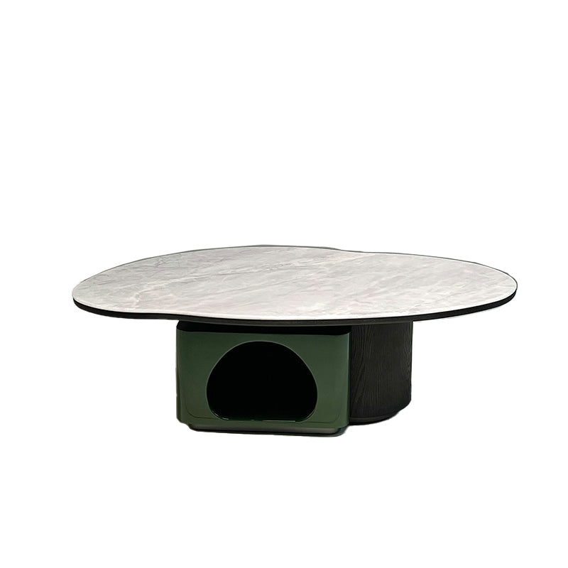 Oval Shape Sintered Stone Solid Wood Coffee Table - Scandinavian Unique Hollow Base End Table For Living Room Lumendat