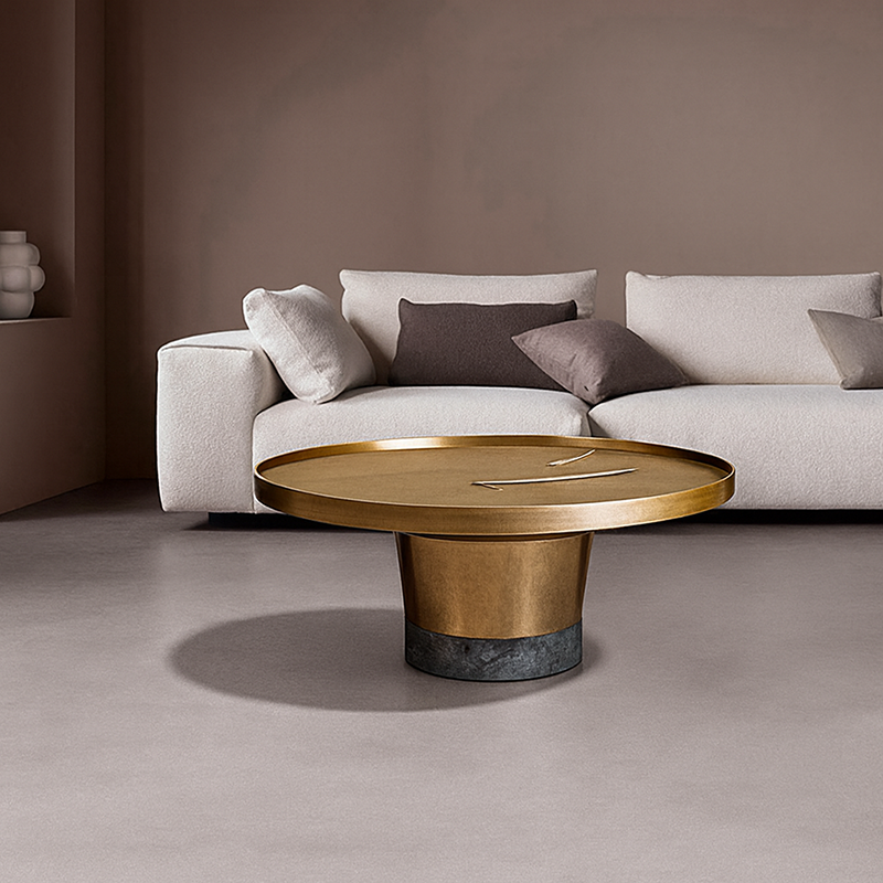 Round Sculptural Natural Marble Bronze Metal Coffee Table - Nordic Combination Accent Table For Living Room Lumendat