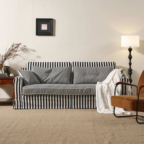 Bold Striped Pattern Polyester Upholstery Birch Wood Sofa - Vintage Soft-Touch Sofa With 3/4 Seater for Living Room Lumendat