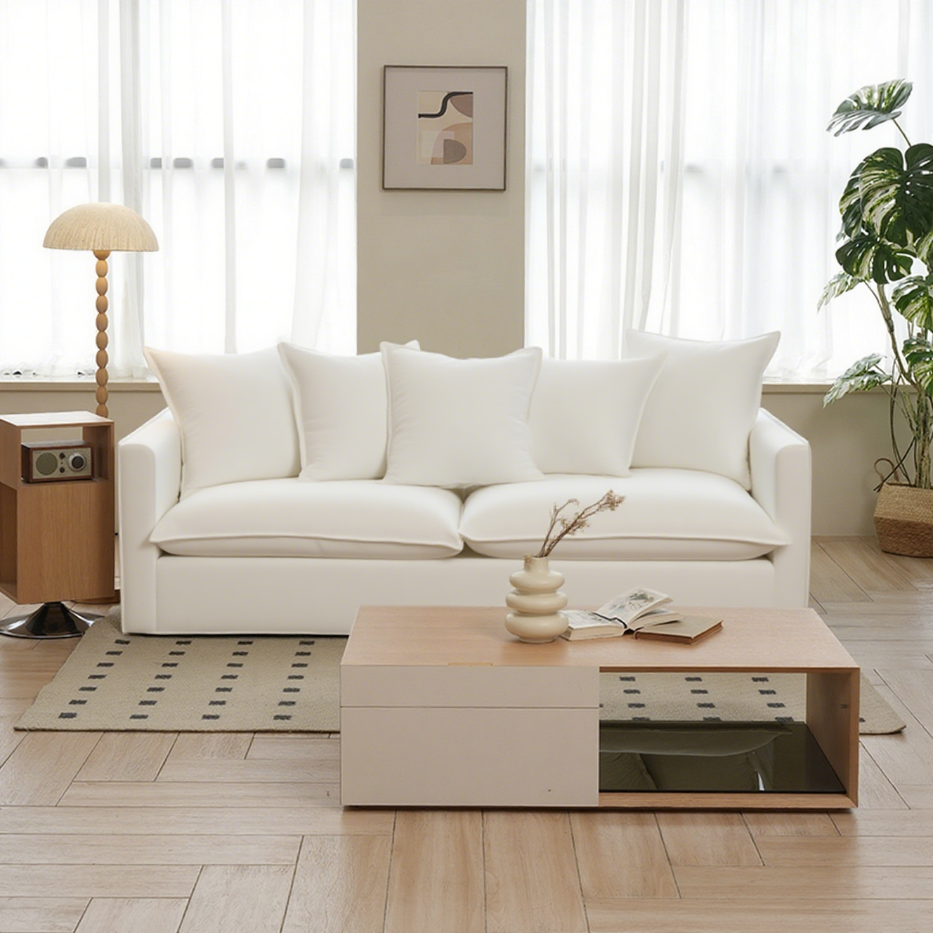 Moonlight White Linen Birch Wood Sofa - French Pure Soft-Touch Lounge Sofa With 3/4 Seater For Living Room Lumendat