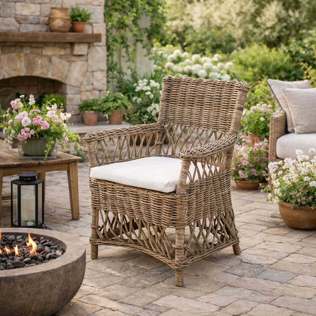 Coastal Rattan Dining Chair - Hand-Woven Indonesian Rattan Chair Backrest Armrest For Garden & Outdoor Patio Lumendat