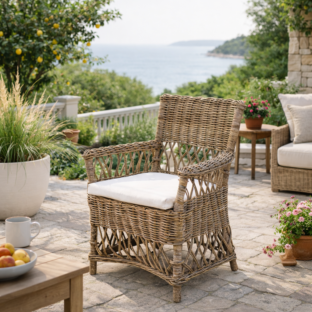 Coastal Rattan Dining Chair - Hand-Woven Indonesian Rattan Chair Backrest Armrest For Garden & Outdoor Patio Lumendat