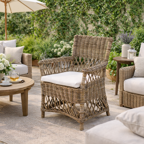 Coastal Rattan Dining Chair - Hand-Woven Indonesian Rattan Chair Backrest Armrest For Garden & Outdoor Patio Lumendat