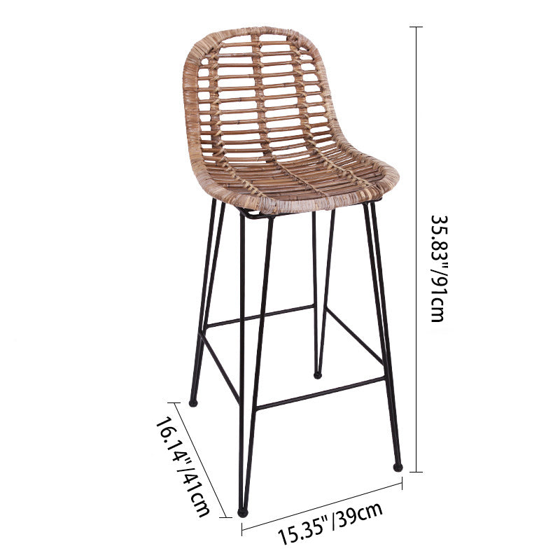 Lightweight Rustic Bar Stool - High-Quality Rattan Weaving Iron Hollowed-Out Backrest Armless Stool For Dining Room Lumendat