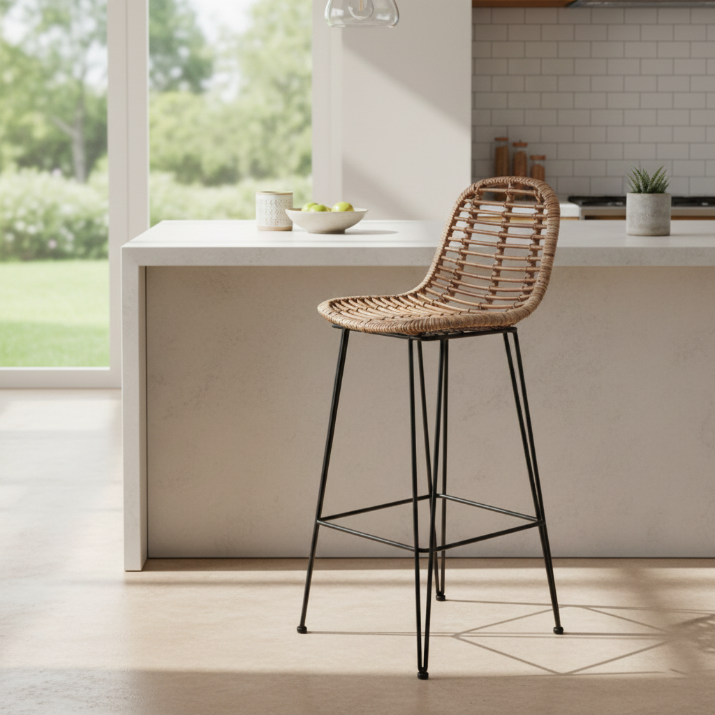 Lightweight Rustic Bar Stool - High-Quality Rattan Weaving Iron Hollowed-Out Backrest Armless Stool For Dining Room Lumendat