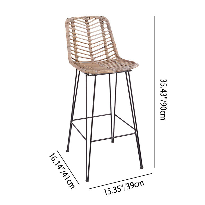 Breathable Coastal Bar Stool - Hand-Woven Texture Hollow Rattan Backrest Armless Stool For Dining Room Lumendat