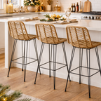 Breathable Coastal Bar Stool - Hand-Woven Texture Hollow Rattan Backrest Armless Stool For Dining Room Lumendat