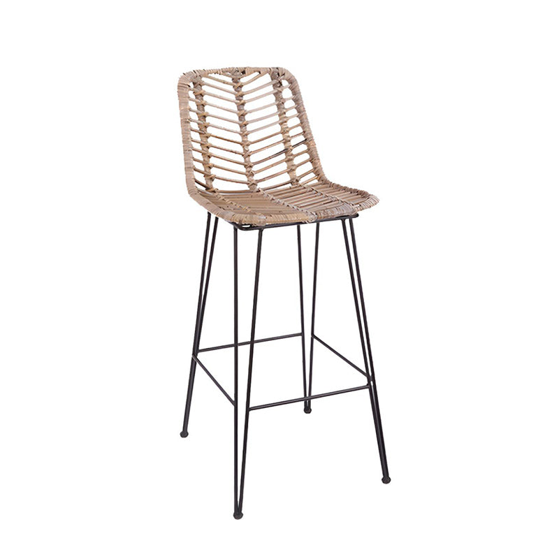 Breathable Coastal Bar Stool - Hand-Woven Texture Hollow Rattan Backrest Armless Stool For Dining Room Lumendat