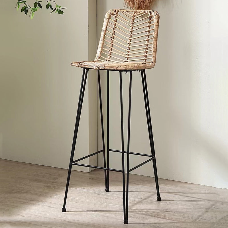 Breathable Coastal Bar Stool - Hand-Woven Texture Hollow Rattan Backrest Armless Stool For Dining Room Lumendat