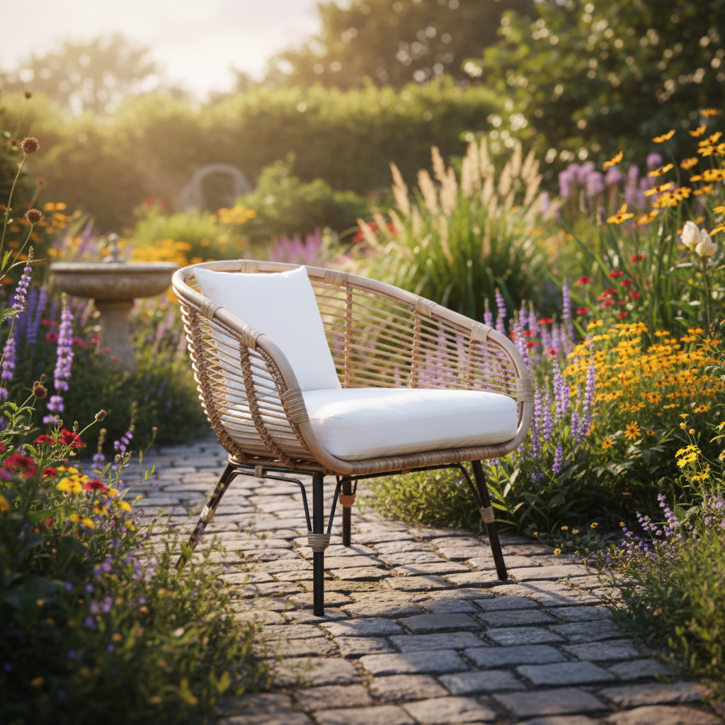 Moisture-Absorbing Boho Accent Chair - Sturdy Rattan & Stable Iron Garden Chair For Garden & Outdoor Patio Lumendat