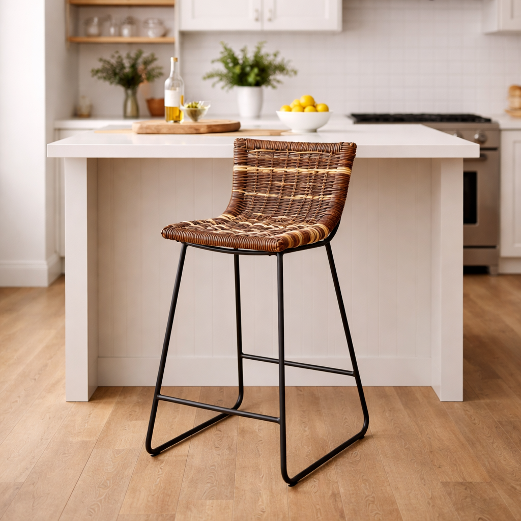 Farmhouse Rattan Bar Stool - Easy-Maneuver Rattan Cool Seating Bar Dining Stool For Dining Room & Kitchen Lumendat