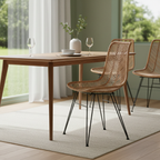 Coastal Rattan Dining Chair - Hand-Woven Feather-Leaf Texture & Iron Frame Chair For Dining Room & Kitchen Lumendat