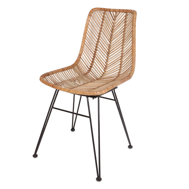 Coastal Rattan Dining Chair - Hand-Woven Feather-Leaf Texture & Iron Frame Chair For Dining Room & Kitchen Lumendat