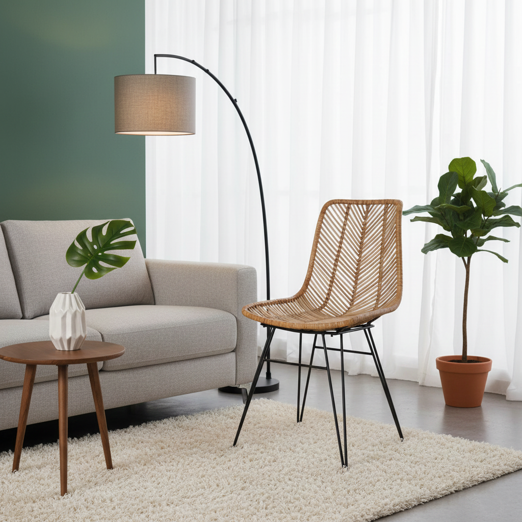Coastal Rattan Dining Chair - Hand-Woven Feather-Leaf Texture & Iron Frame Chair For Dining Room & Kitchen Lumendat