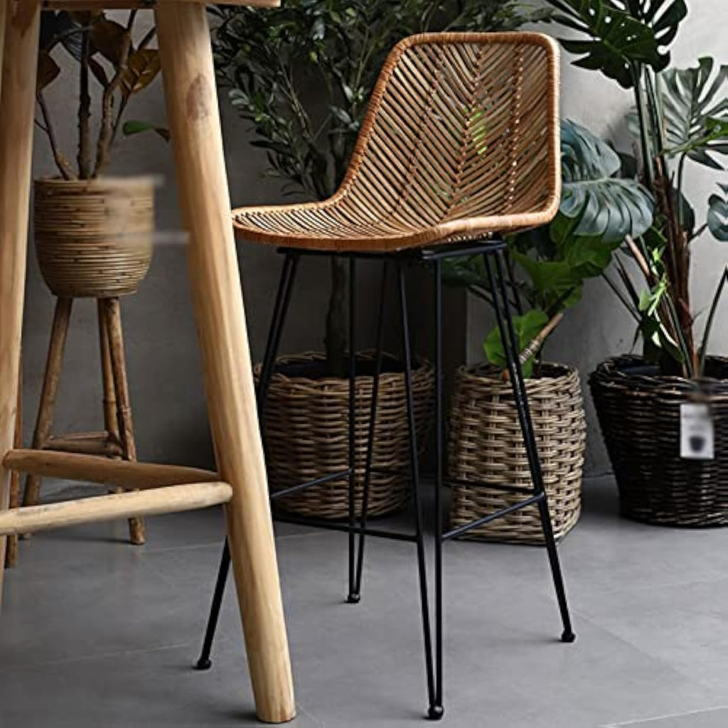 Boho-Style Rattan Weaving Bar Stool - Stable Support Airy Texture Backrest Stool For Dining Room & Kitchen Lumendat