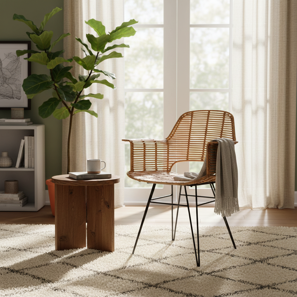 Lightweight Rattan Armchair - Breathable Hand-Woven Chair Backrest Armrest For Living Room Lumendat