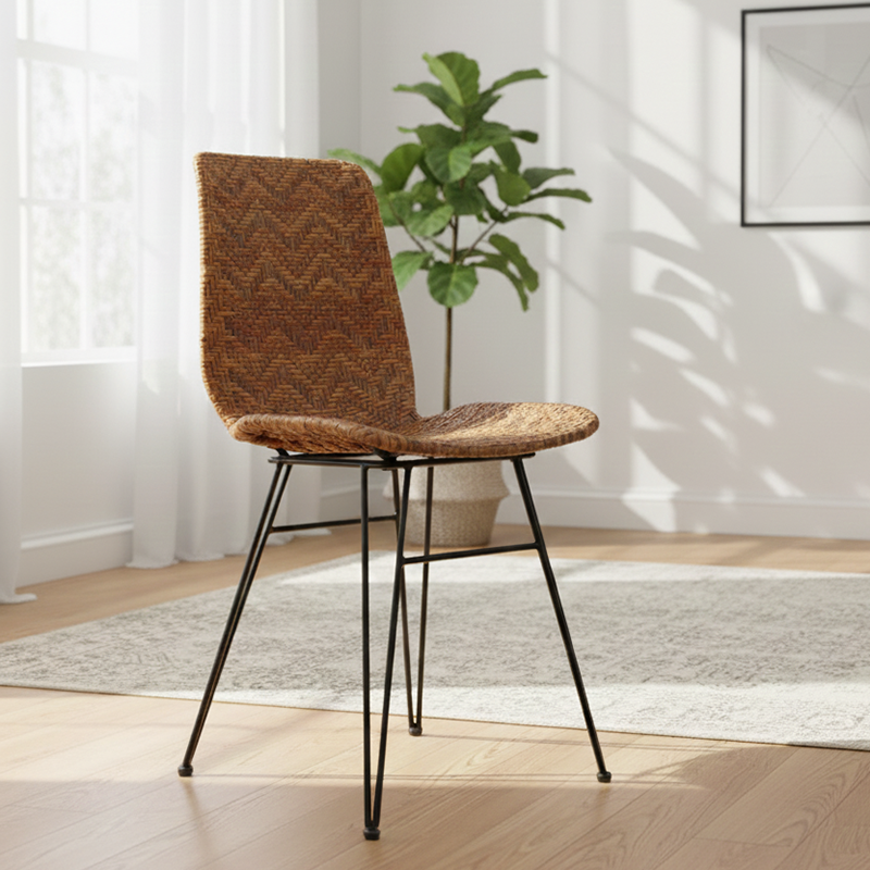 Rust-Proof Iron Frame Dining Chair - Lightweight Hand-Woven Rattan Weaving Chair For Dining Room Lumendat