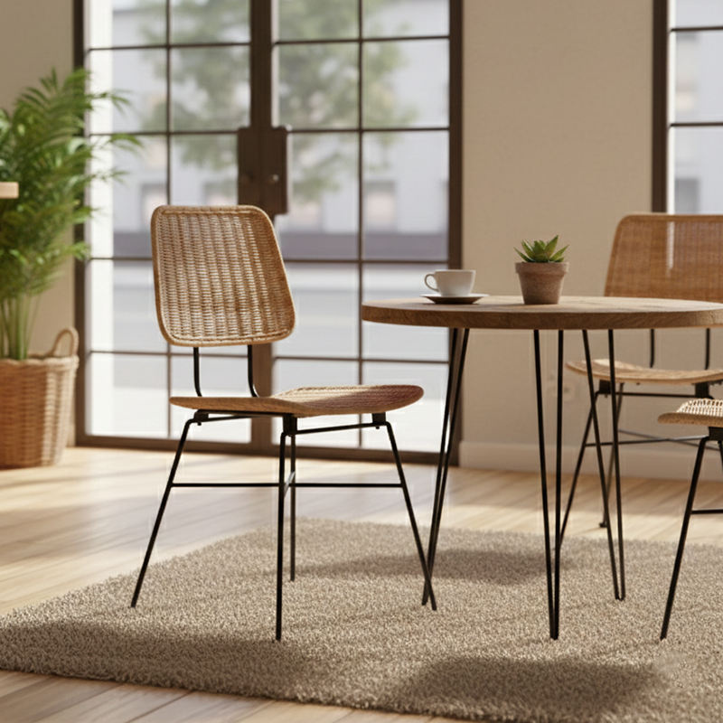 Sleek Minimalist Iron Frame Chair - Hand-Woven Breathable Rattan Dining Chair For Dining Room & Kitchen Lumendat