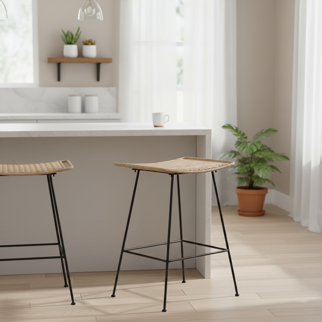 Curved-Seat Rattan Bar Stool - Lightweight Rattan Weaving Backless Stool For Dining Room Lumendat