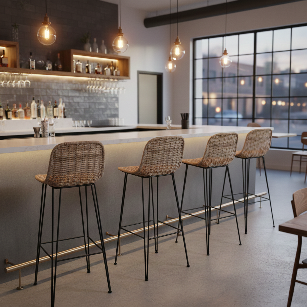 Rust-Proof Iron Frame Rattan Weaving Bar Stool - Breathable Ocean-View Seating Stool For Dining Room & Kitchen Lumendat