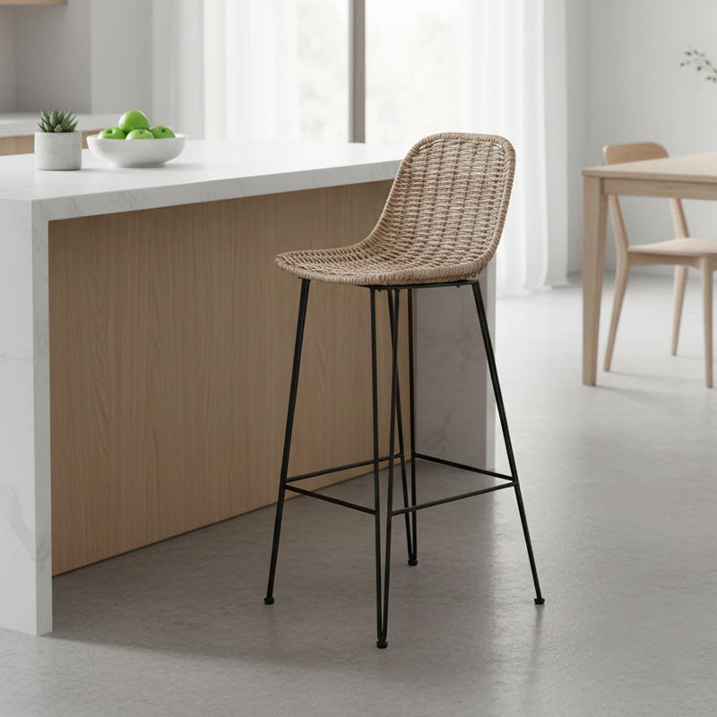 Rust-Proof Iron Frame Rattan Weaving Bar Stool - Breathable Ocean-View Seating Stool For Dining Room & Kitchen Lumendat