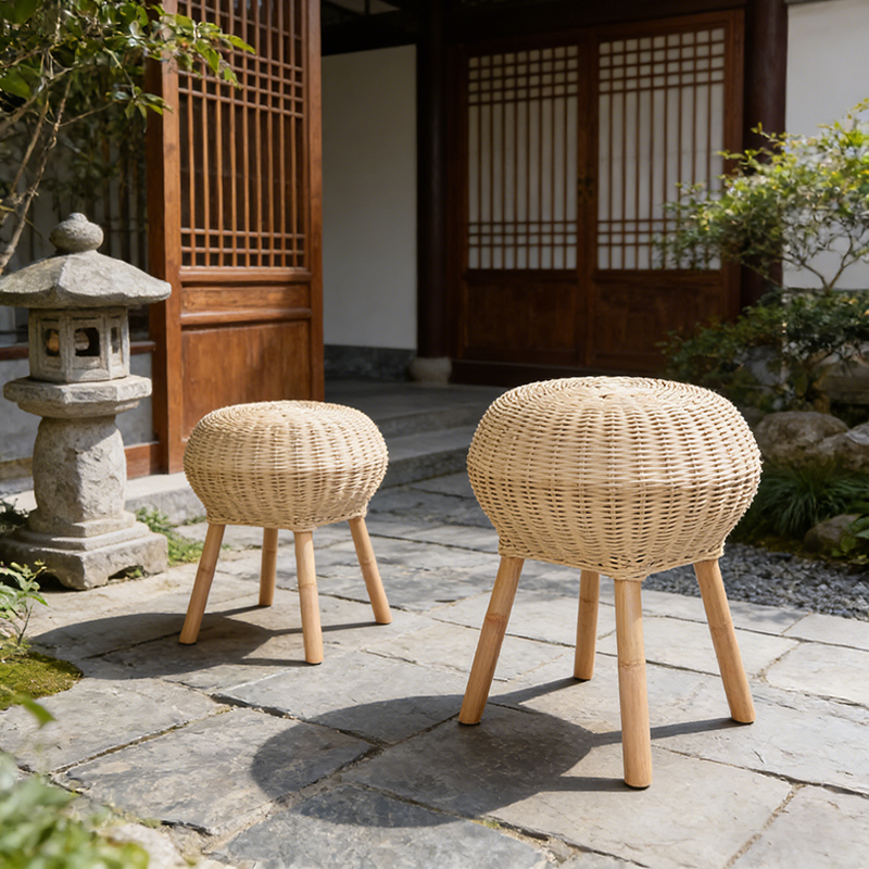 Traditional Chinese Natural Rattan Shoe Bench - Drum Handmade Shoe Stool For Living Room Lumendat