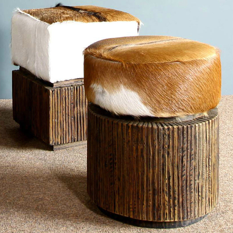 Traditional Teak Wood & Goatskin Stool - Oriental Handmade Furniture Chair For Living Room Lumendat